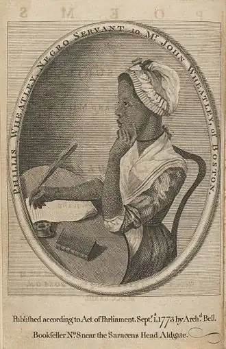 Phillis Wheatley afgebeeld in de eerste uitgave van haar gedichten, kopergravure van Scipio Moorhead, 1773