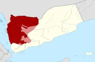 Kaart van de door de Houthi's gecontroleerde gebieden (rood) en gebieden waarin ze actief zijn (lichtrood) anno 2015.