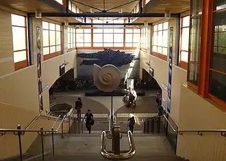 v.l.n.r. Roltrap, trap en lift tussen stationshal en onderdoorgang