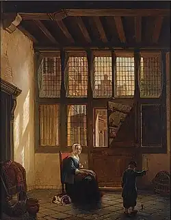 Moeder en tollend kind in een interieur (ca. 1850)