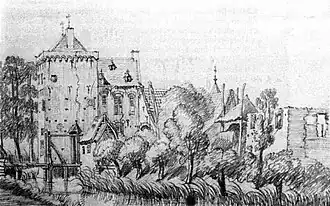 Huis Rijswijk omstreeks 1750 getekend door Jan de Beijer, gezien vanuit het zuidoosten.