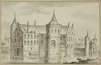 Een vermoedelijk fantasierijke afbeelding van het Huis Smallegange, door Jacobus Stellingwerff (18e eeuw)