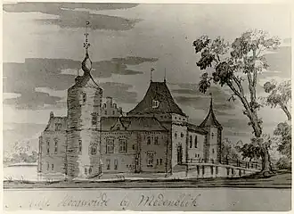 Fantasietekening van het Huis te Hoogwoud, door Jacobus Stellingwerff