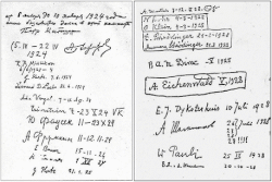 Transcriptie van handtekeningen van geleerden op een muur in Huize Ehrenfest, Witte Rozenstraat, Leiden.