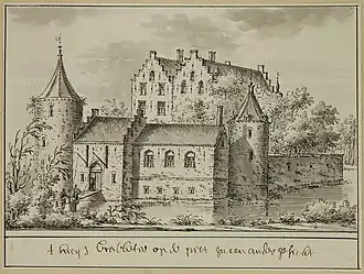 Het 'Huys Crabbetje op de Piet', oftewel kasteel Muiden. Fantasietekening uit de 18e eeuw.