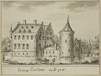Het 'Huys Crabbetje op de Piet', oftewel kasteel Muiden, van de zijkant. Fantasietekening uit de 18e eeuw.