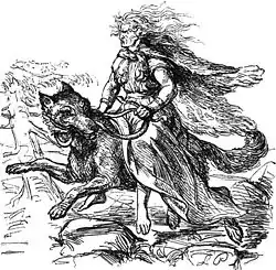 De reuzin Hyrrokkin uit de Noordse mythologie rijdt op haar wolf naar de begrafenis van Baldr, Ludwig Pietsch, 1865.