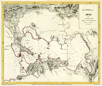 Preveza (rood) aan de ingang van de Golf van Arta