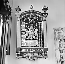 Het wapenschild van Sickinghe (tweede rij van links, vierde van boven) op het Rouwbord van Jonker Sjuck van Burmania Rengers in de kerk van IJsbrechtum