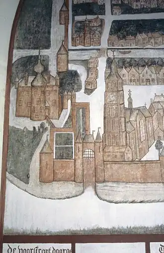 Fresco uit circa 1520 in de Sint-Catharinakerk, detail met de weergave van het kasteel