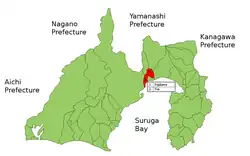 Kaart van Shizuoka met het district Ihara gemarkeerd