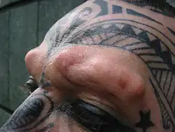 Mannengezicht met tatoeages en implantaten