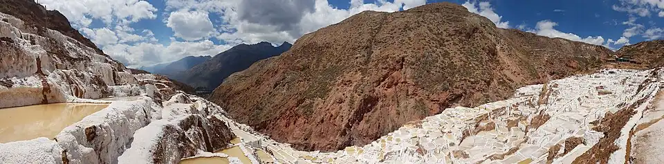 De zoutpannen van Maras met links op de achtergrond de heilige vallei en rechts de richting van het dorp Maras