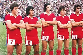 Independiente 1975: Bertoni, Galván, Ruiz Moreno, Bochini en Giribert.