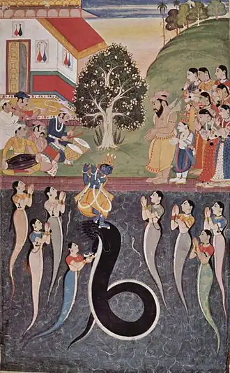 Krishna danst op de verslagen Kāliya, zijn vrouwen Nagini's vragen Krishna om genade. Uit een Bhagavata Purana-manuscript, ca. 1640.