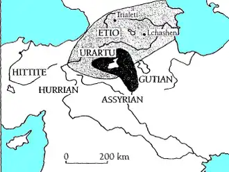 Grijs: Koera-Araxescultuur, zwart: het latere Urartu