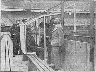 Inspectie in Feijenoord stadion door architect Jan v.d. Linden en stadion directeur Hylkema, 1937