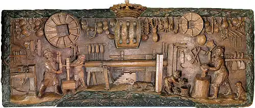 Beukenhouten gevelbord van een blokkenmakerij aan de Leuvehaven te Rotterdam (1694) (collectie Museum Rotterdam)