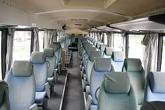 {Interieur van de eerste generatie Interliner-bussen uit de jaren 90
