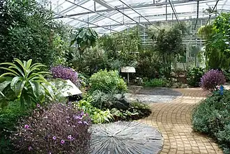 De binnenkant van een tropische kas op het terrein.