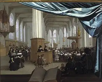 Interieur enige tijd na de restauratie van 1657-1658, met de orgelkas die zich nu in Jutphaas bevindt.