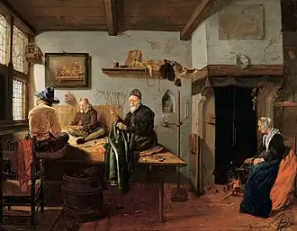 Werkplaats van een kleermaker: drie kleermakers zitten op een grote tafel, dicht bij het beperkte licht dat door het raam binnenvalt. Schilderij van Quiringh van Brekelenkam, midden 17e eeuw