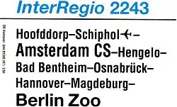 Koersbord voor de voormalige InterRegio 2243 Hoofddorp – Berlin Zoo.