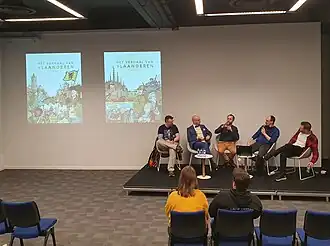 Interview met de makers, vlnr Di Rosso, De Paepe en De Decker op de FACTS conventie van april 2023.