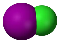 Molecuulmodel van joodmonochloride met jood links en chloor rechts