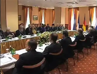 Iran met de P5+1 in Moskou in juni 2012. De P5+1 zijn de vijf permanente leden van de VN-Veiligheidsraad met Duitsland.