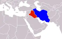 Irak (rood) en Iran (blauw).