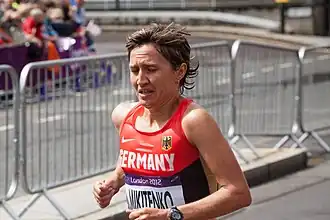 Irina Mikitenko tijdens de olympische marathon van Londen, 2012.