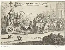 Triomfe van zijne Koninklijke Hoogheijt, 1672 - 1676. Willem III zit na zijn overwinningen in het Rampjaar 1672 in een triomfwagen onder een lauwerkrans. Doot en Nijt liggen rechts. Ruiters en herauten bij Binnenhof en Hofvijver, Den Haag.