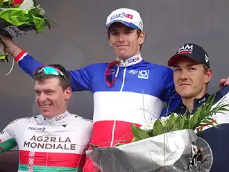 Jawhen Hoetarovitsj (2e), Arnaud Démare (1e) en Heinrich Haussler (3e).