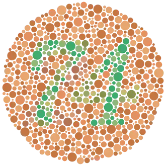 Een ishiharatest. Niet-kleurenblinden ontwaren op deze plaat duidelijk het getal 74.