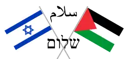 Een afbeelding van de gekruiste vlaggen van Israël en Palestina met het woord 'vrede' in zowel Arabisch als in het Hebreeuws.