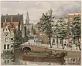 Oude Turfmarkt met links de Grimmessebrug naar de Langebrugsteeg - tekening/aquarel van J.M.A. Rieke, c. 1880-90