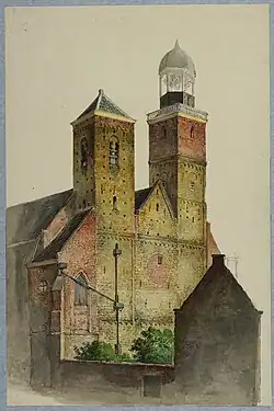 Gezicht op de westpartij van de Nicolaïkerk te Utrecht (1845)