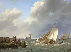 Een onstuimige zee met regenboog en Engelse oorlogskotter (ca. 1820)