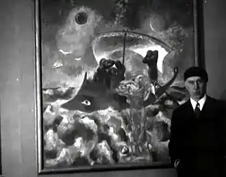 Jaap Weyand met schilderij Legende van Amphion, 1932