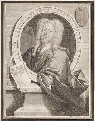 Jacob Campo Weyerman op 48-jarige leeftijd, gravure door Jacob Houbraken