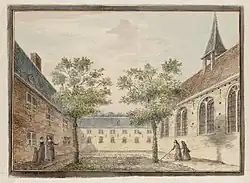 Binnenplaats van vermoedelijk het Sint-Margrietenklooster in Amsterdam in 1544. Impressie op een 18e-eeuwse prent.