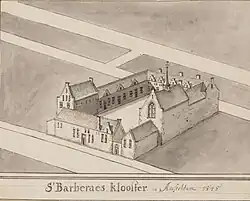 Sint-Barbaraklooster in Amsterdam in 1545. Impressie op een 18e-eeuwse prent.