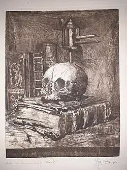 Vanitasstilleven, ets (1920). Onderschrift: 'Aan mijn leermeester J. Scherft'.