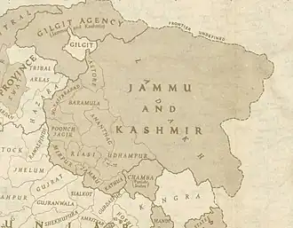 Een kaart van Jammu en Kasjmir uit 1946. Dit is een van de laatste kaarten van het gebied van voor India en Pakistan onafhankelijk werden.