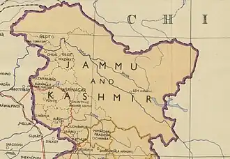 Een kaart uit 1954 met Jammu en Kasjmir als onderdeel van onafhankelijk India.