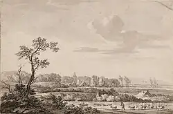 Uitzicht op Leusden met een herder en schapen op de voorgrond, 1834