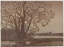 Landschap bij de rivier, litho