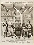 Geromantiseerde afbeelding uit 1628 van boekdrukken in Haarlem in 1440