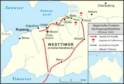 Kaart van de Japanse invasie bij Kupang in 1942.